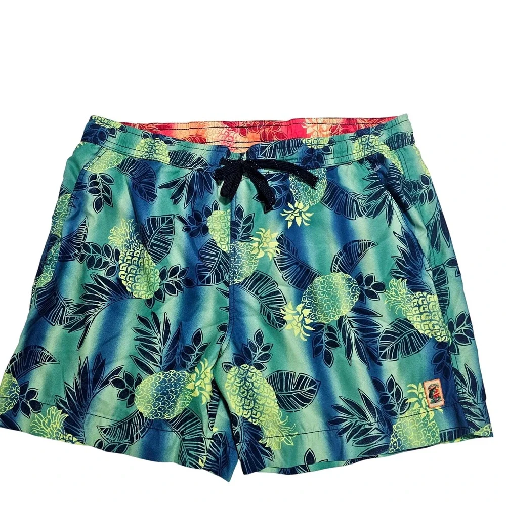 Tommy Bahama Mens Blue Green Pineapple Tropical Print Swim Trunks Mesh Lined L